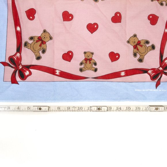 Vintage 80's Cotton Bandana Scarf | Hearts, Ribbon, Teddy Bears Pink Red + Blue - Picture 5 of 5